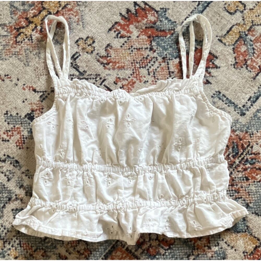 Dizzy Lizzy White Smocked Ruffle Hem Cropped Woven Tank Top Women’s M